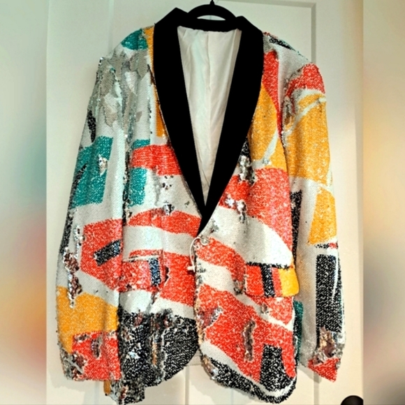 NWT Men's Bold Shawl Lapel Single-Breasted Sequined Jacket (Multicolor) - PYJTRL - Picture 3 of 8